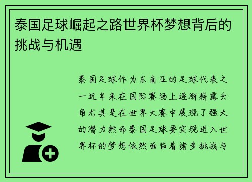 泰国足球崛起之路世界杯梦想背后的挑战与机遇