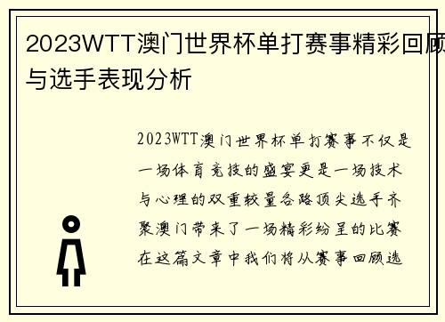 2023WTT澳门世界杯单打赛事精彩回顾与选手表现分析