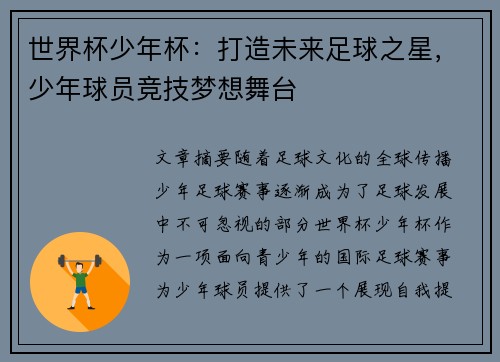 世界杯少年杯：打造未来足球之星，少年球员竞技梦想舞台