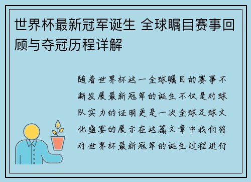 世界杯最新冠军诞生 全球瞩目赛事回顾与夺冠历程详解